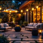 A photograph of a beautifully illuminated outdoor patio featuring stylish solar lights in various designs