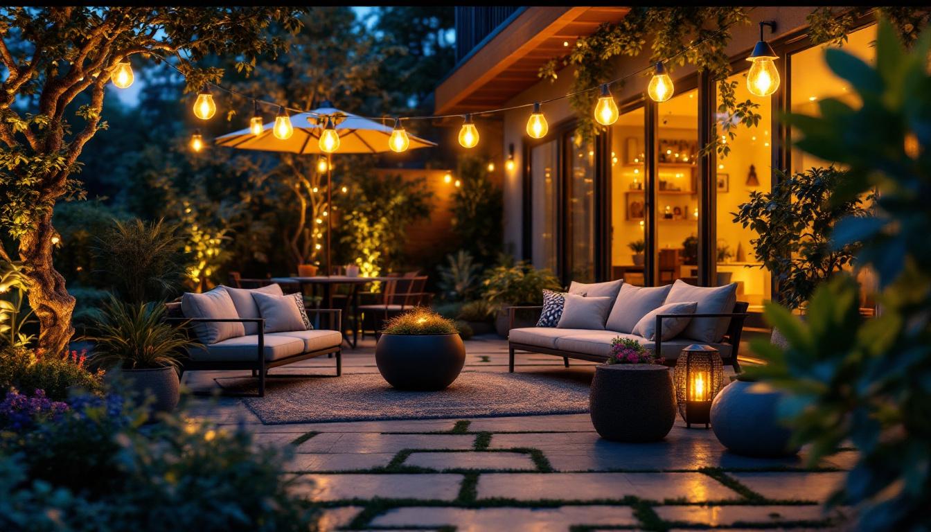 A photograph of a beautifully illuminated outdoor patio featuring stylish solar lights in various designs