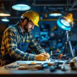 A photograph of a skilled lighting contractor at work