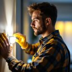 A photograph of a skilled lighting contractor at work