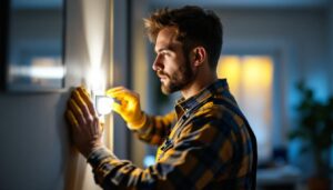 A photograph of a skilled lighting contractor at work