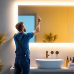 A photograph of a lighting contractor installing a sleek mirror led light in a modern bathroom setting