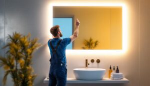 A photograph of a lighting contractor installing a sleek mirror led light in a modern bathroom setting