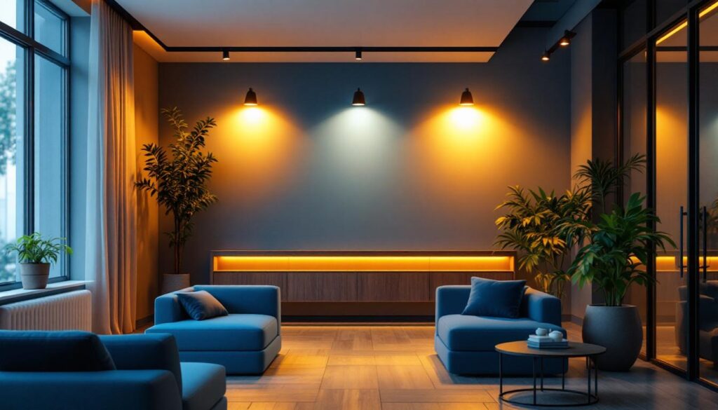 A photograph of a beautifully designed interior space featuring low voltage pot lights that illuminate the area