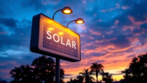 A photograph of a well-lit outdoor solar signage installation at dusk