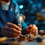 A photograph of a lighting contractor examining a halogen bulb in a well-lit workshop
