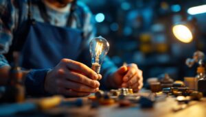 A photograph of a lighting contractor examining a halogen bulb in a well-lit workshop