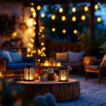 A photograph of a beautifully arranged outdoor setting featuring solar-powered lantern lights illuminating a cozy gathering space