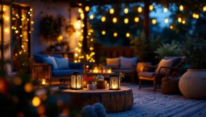 A photograph of a beautifully arranged outdoor setting featuring solar-powered lantern lights illuminating a cozy gathering space