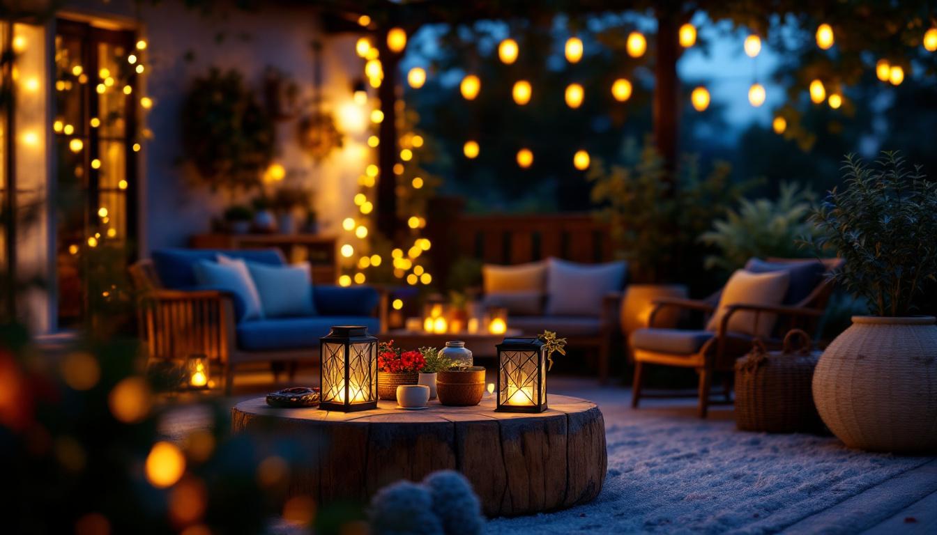 A photograph of a beautifully arranged outdoor setting featuring solar-powered lantern lights illuminating a cozy gathering space