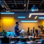 A photograph of capture a photograph of a well-lit workspace featuring a variety of led fluorescent light fixtures in use