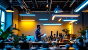A photograph of capture a photograph of a well-lit workspace featuring a variety of led fluorescent light fixtures in use