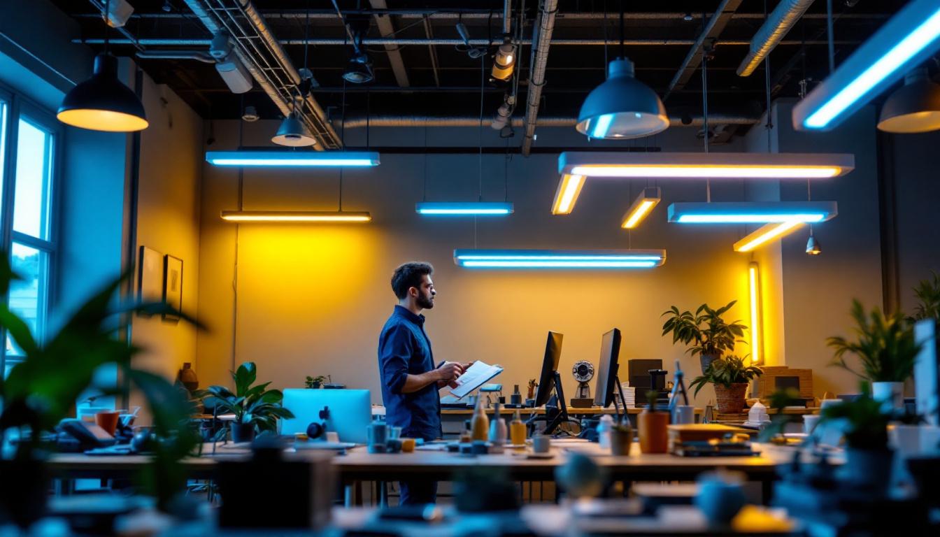 A photograph of capture a photograph of a well-lit workspace featuring a variety of led fluorescent light fixtures in use
