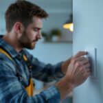 A photograph of a lighting contractor installing a self-contained light switch in a modern home setting