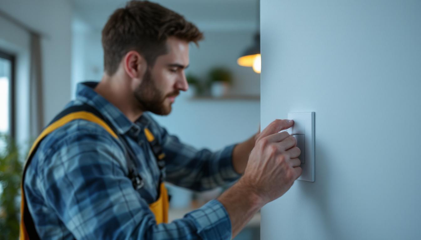 A photograph of a lighting contractor installing a self-contained light switch in a modern home setting