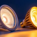 A photograph of a side-by-side comparison of a par30 and br30 light bulb in a well-lit setting