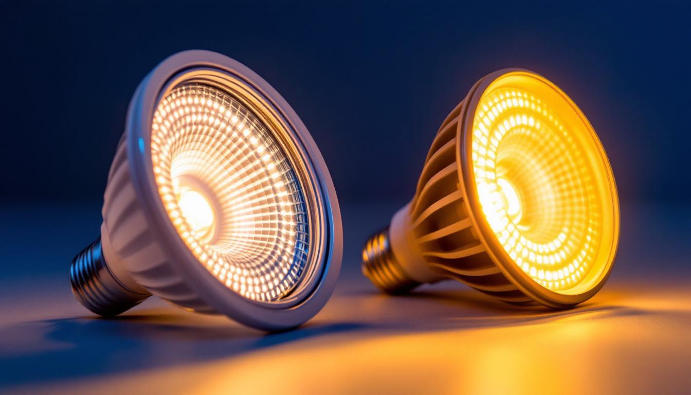 A photograph of a side-by-side comparison of a par30 and br30 light bulb in a well-lit setting