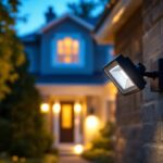 A photograph of a lighting contractor installing or demonstrating an led motion flood light in a residential or commercial setting