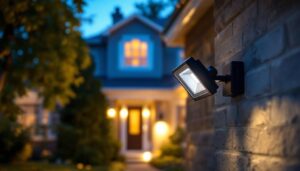 A photograph of a lighting contractor installing or demonstrating an led motion flood light in a residential or commercial setting