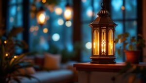 A photograph of a beautifully designed hanging lantern lamp in an inviting indoor setting