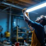 A photograph of a lighting contractor installing a linkable led shop light in a well-lit workshop setting
