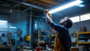 A photograph of a lighting contractor installing a linkable led shop light in a well-lit workshop setting