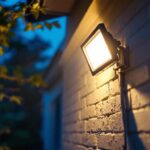 A photograph of a lighting contractor installing a bright led security flood light on a residential property