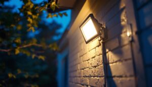 A photograph of a lighting contractor installing a bright led security flood light on a residential property