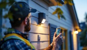A photograph of a lighting contractor installing or adjusting an outdoor light sensor in a residential or commercial setting