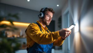 A photograph of a skilled lighting contractor installing or demonstrating type s led lighting in a modern residential or commercial space