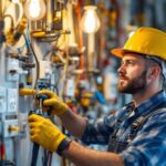 A photograph of a skilled lighting contractor working on a diverse array of electrical outlets in a well-lit environment