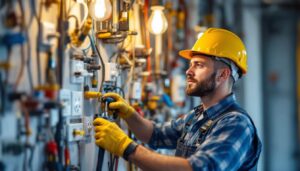A photograph of a skilled lighting contractor working on a diverse array of electrical outlets in a well-lit environment
