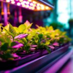 A photograph of a well-lit hydroponic setup featuring vibrant plants under a hydroponic lamp