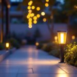 A photograph of a beautifully illuminated outdoor space featuring a stylish light lamp that enhances the ambiance