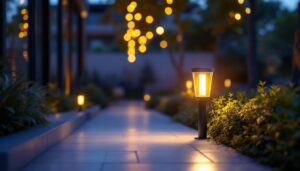 A photograph of a beautifully illuminated outdoor space featuring a stylish light lamp that enhances the ambiance