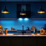 A photograph of a modern kitchen island illuminated by stylish pendant lights