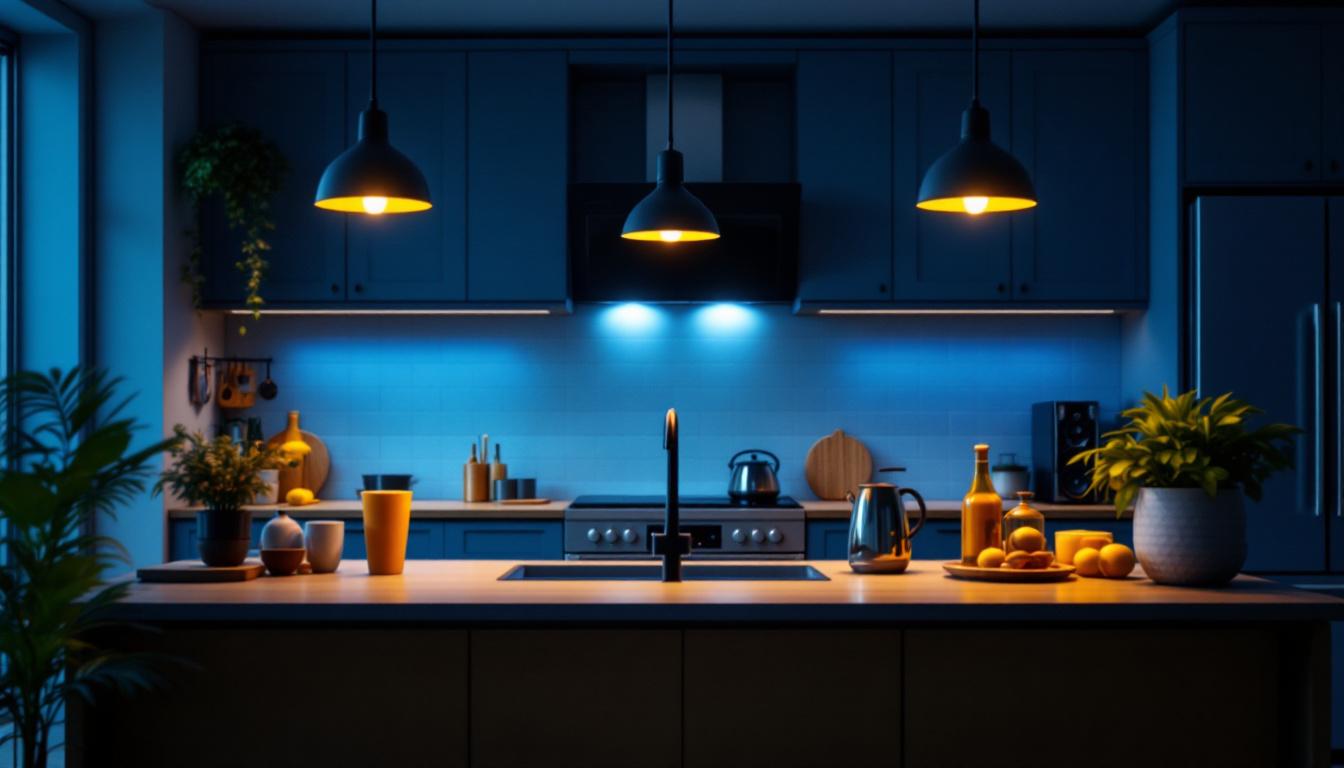 A photograph of a modern kitchen island illuminated by stylish pendant lights