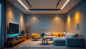 A photograph of a beautifully designed modern living space featuring recessed lighting