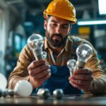 A photograph of a lighting contractor examining various type g bulbs in a well-lit workshop