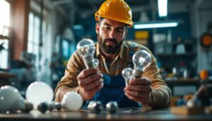 A photograph of a lighting contractor examining various type g bulbs in a well-lit workshop