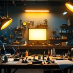 A photograph of a well-lit workshop or garage showcasing various led shop lights in use