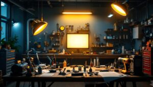 A photograph of a well-lit workshop or garage showcasing various led shop lights in use