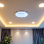 A photograph of a well-lit interior space showcasing various styles of recessed lighting installations