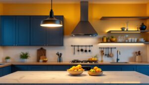 A photograph of a stylish pendant light installed above a modern kitchen island
