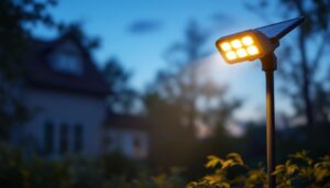 A photograph of a solar-powered security light illuminating a backyard at dusk
