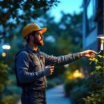 A photograph of a lighting contractor installing or adjusting a photo sensor on an outdoor light fixture