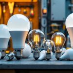 A photograph of a variety of led light bulbs in different shapes and sizes arranged aesthetically on a workbench