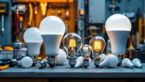 A photograph of a variety of led light bulbs in different shapes and sizes arranged aesthetically on a workbench