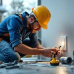 A photograph of a lighting contractor efficiently installing a cover outlet box in a residential setting