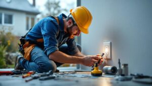 A photograph of a lighting contractor efficiently installing a cover outlet box in a residential setting